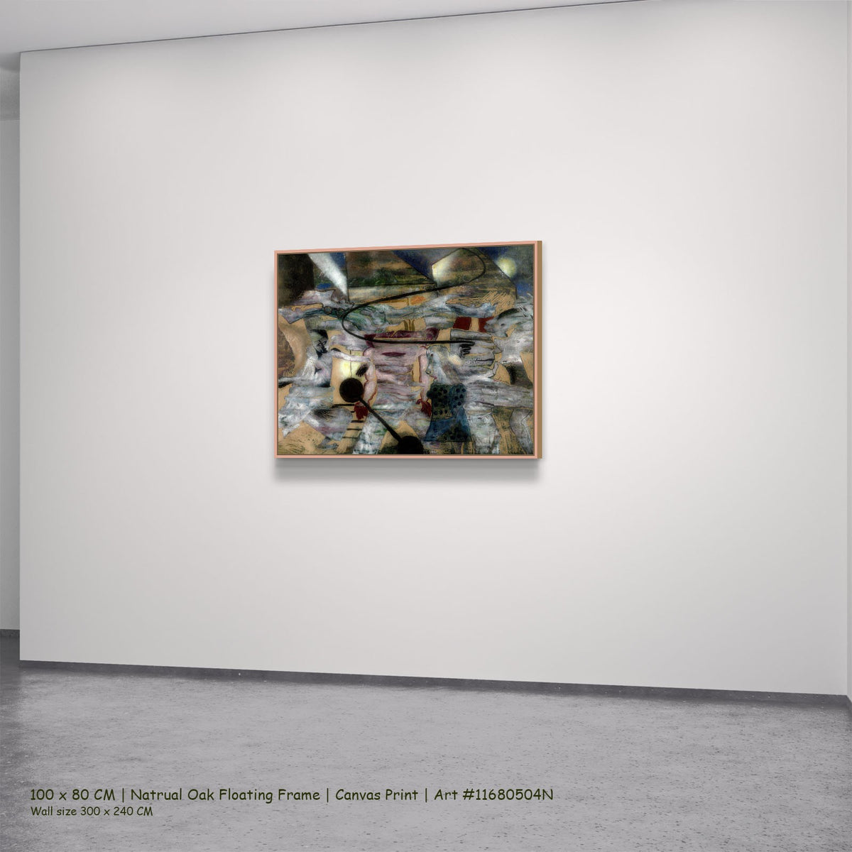 The Monster by Frits Van den Berghe in a natural oak floating frame, large brown and grey Surrealist canvas