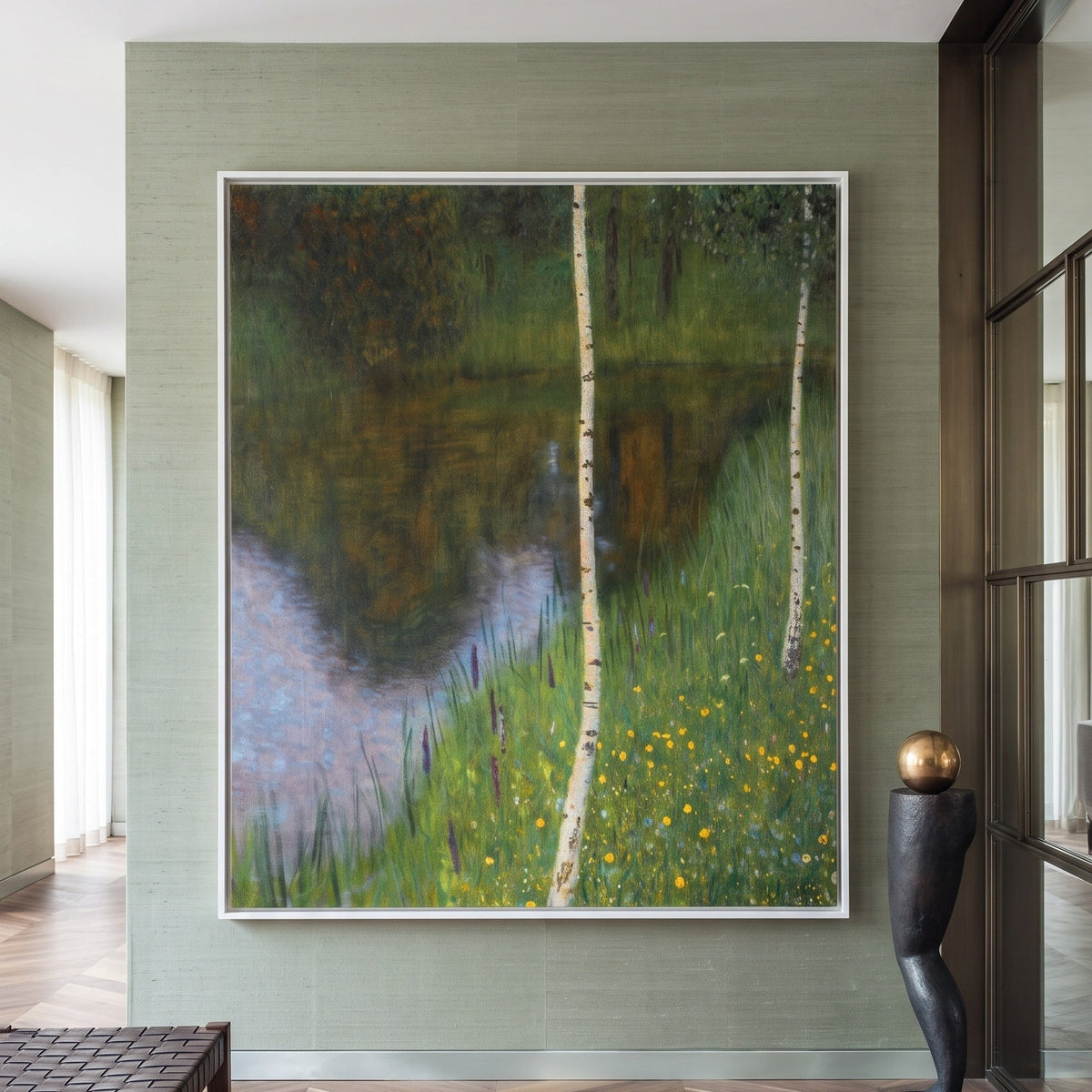 Lakeshore with Birches by Gustav Klimt — large green and white Impressionist canvas art on a entryway wall