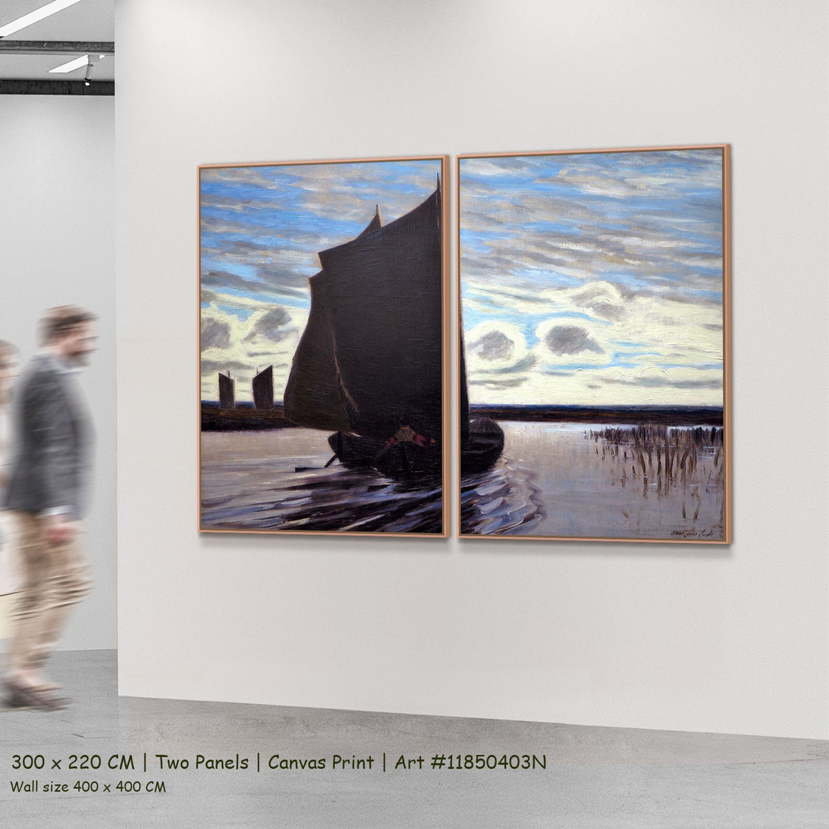 Torfsegler auf der Hamme by Hans am Ende as a large two-panel light blue and black Impressionist canvas set