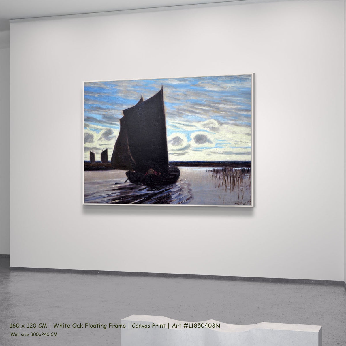 Torfsegler auf der Hamme by Hans am Ende in a white oak floating frame, large light blue and black Impressionist canvas