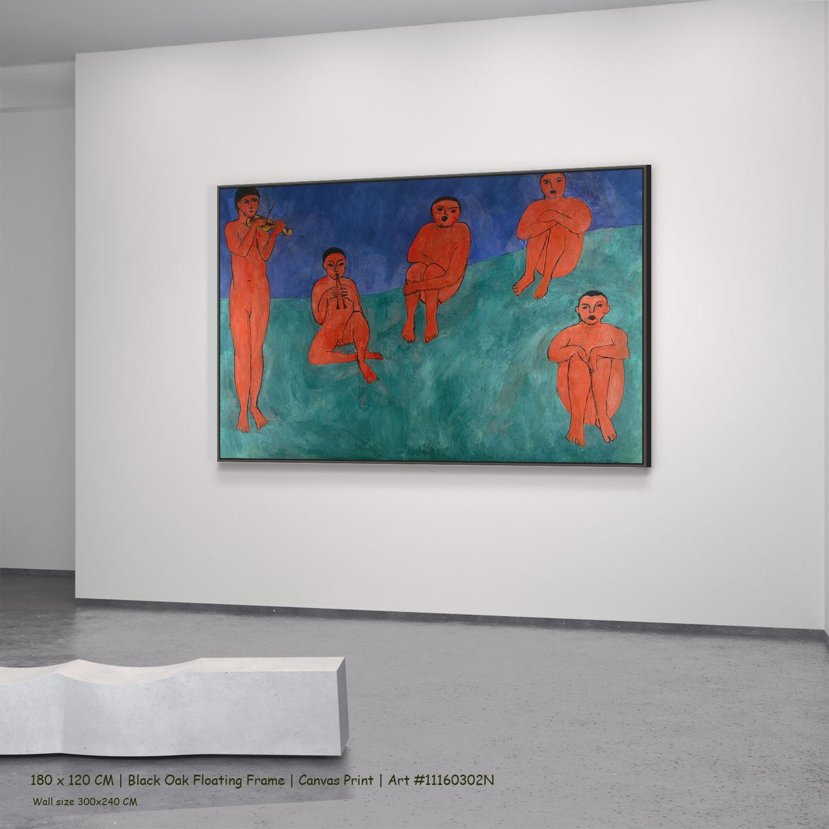 Music by Henri Matisse in a black oak floating frame, large red and green Fauvist canvas