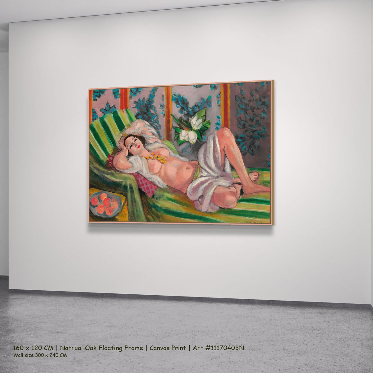 Odalisque aux magnolias by Henri Matisse in a natural oak floating frame, large pink and green Fauvist canvas