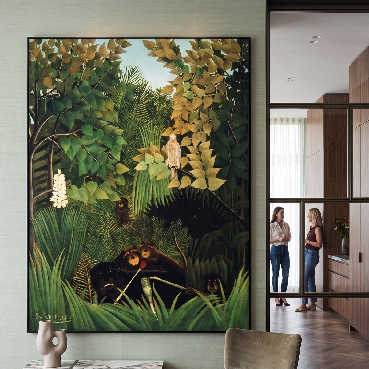 The Merry Jesters by Henri Rousseau — large green and olive Jungle canvas art on a entryway wall