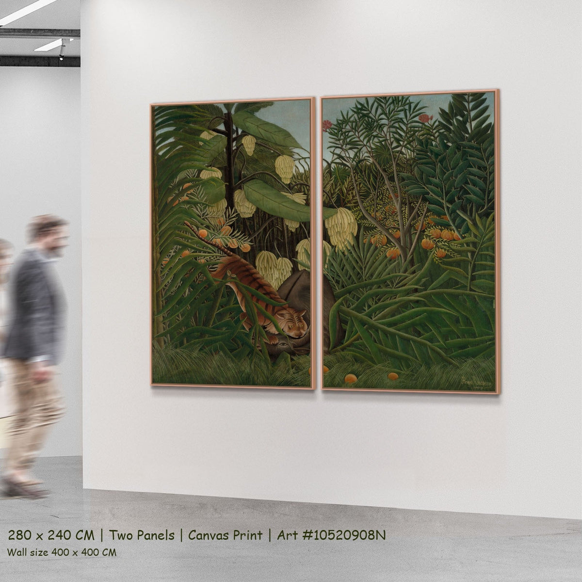 Fight Between a Tiger and a by Henri Rousseau as a large two-panel green and orange Jungle canvas set