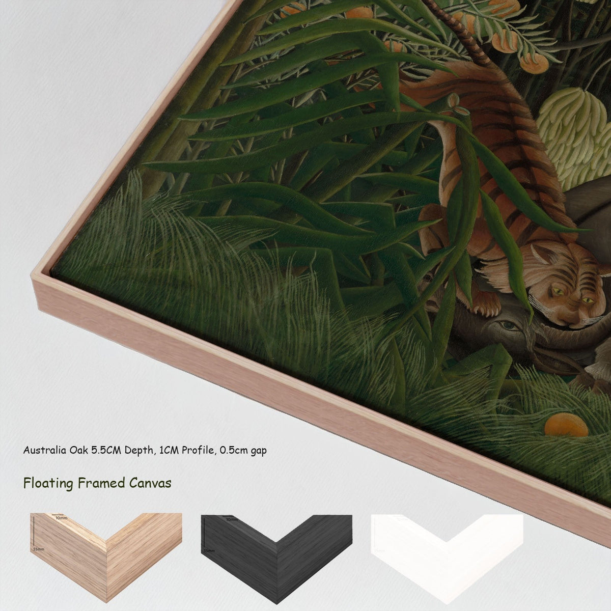 Fight Between a Tiger and a by Henri Rousseau in a floating frame, large green and orange Jungle canvas print