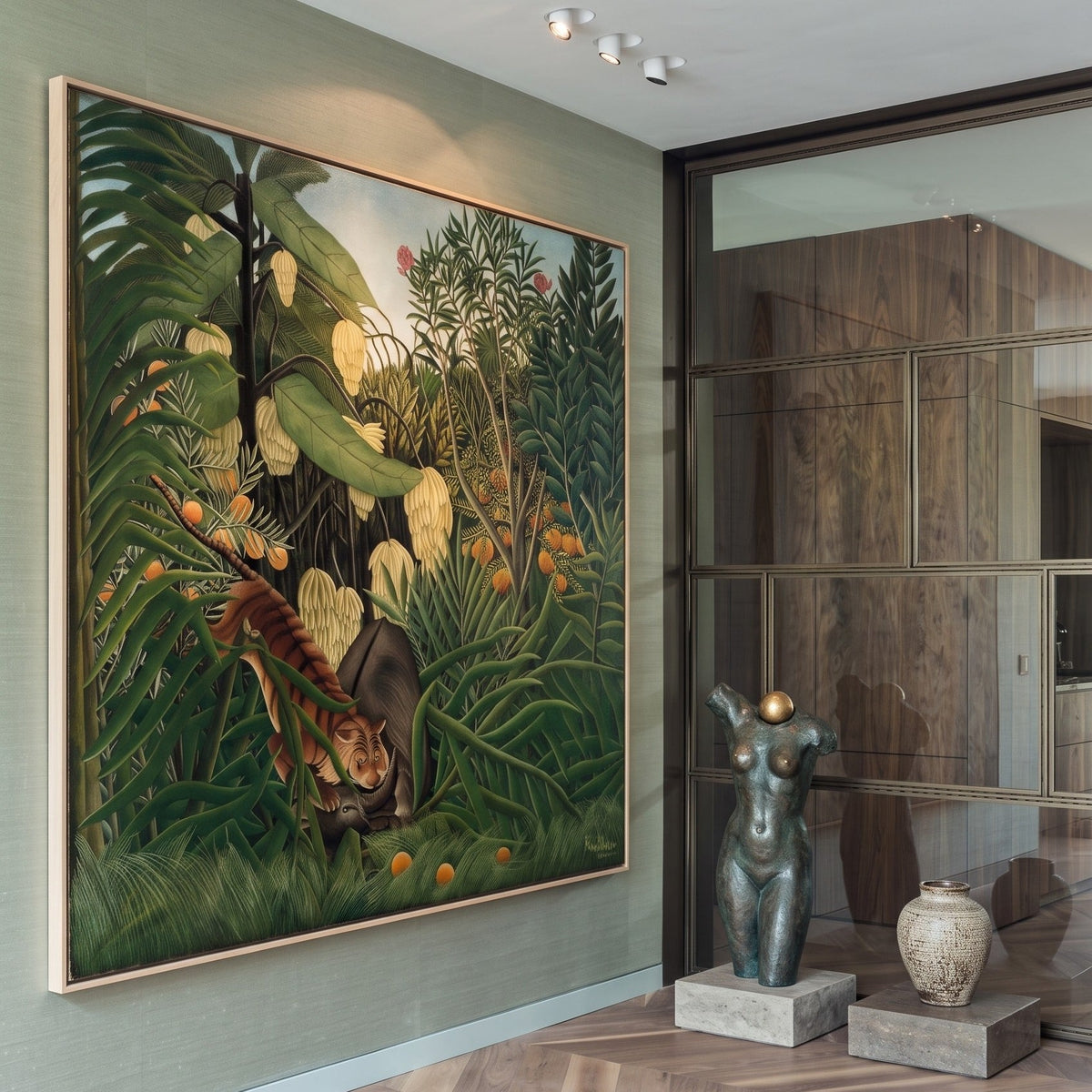 Fight Between a Tiger and a by Henri Rousseau — large green and orange Jungle canvas art on a hallway wall