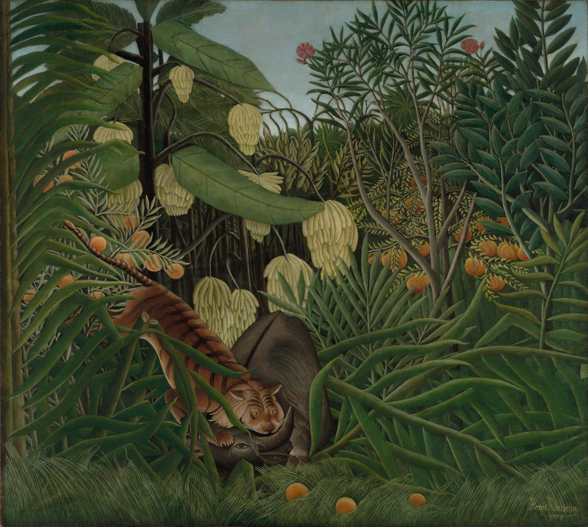 Large green and orange Jungle canvas print of Fight Between a Tiger and a by Henri Rousseau