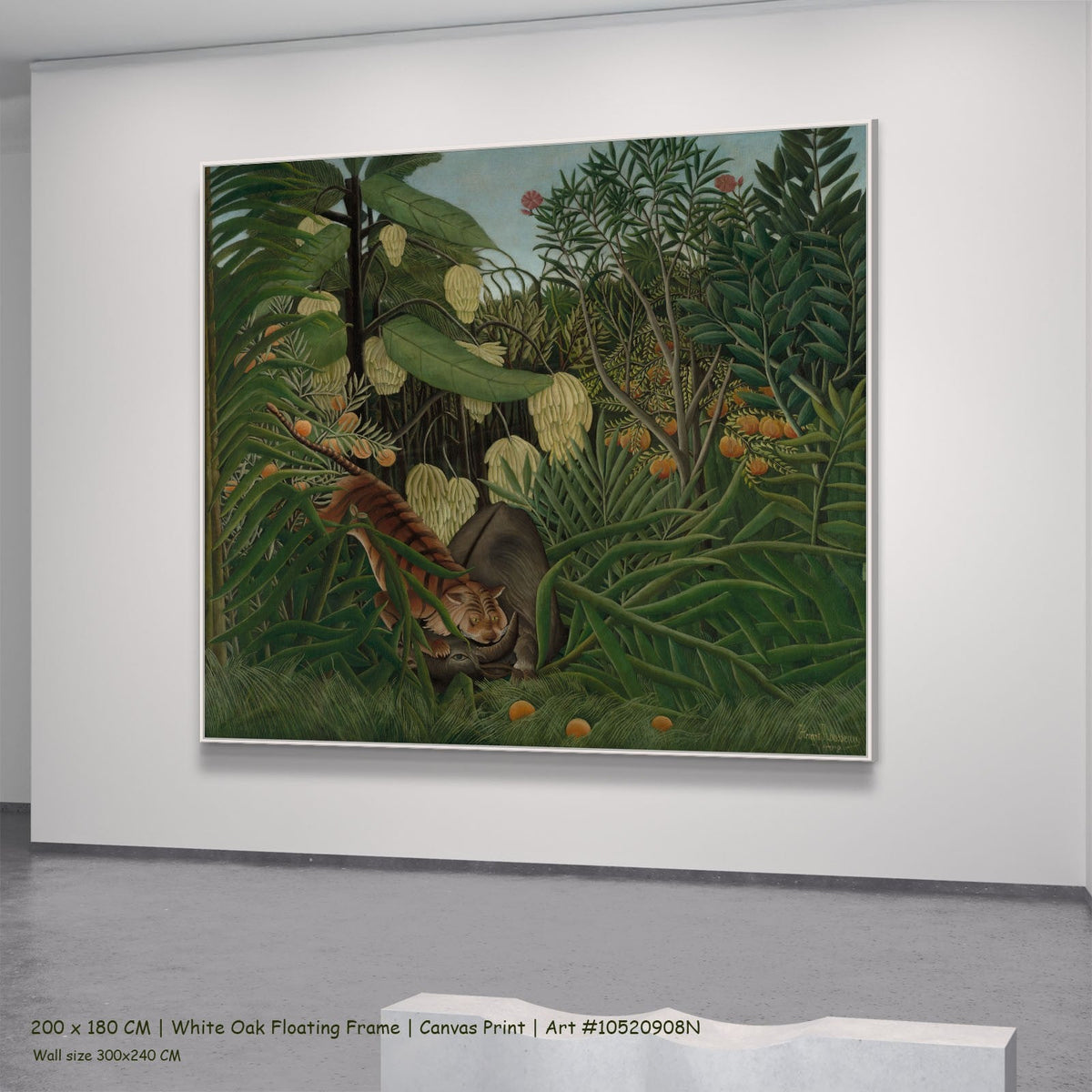 Fight Between a Tiger and a by Henri Rousseau in a white oak floating frame, large green and orange Jungle canvas