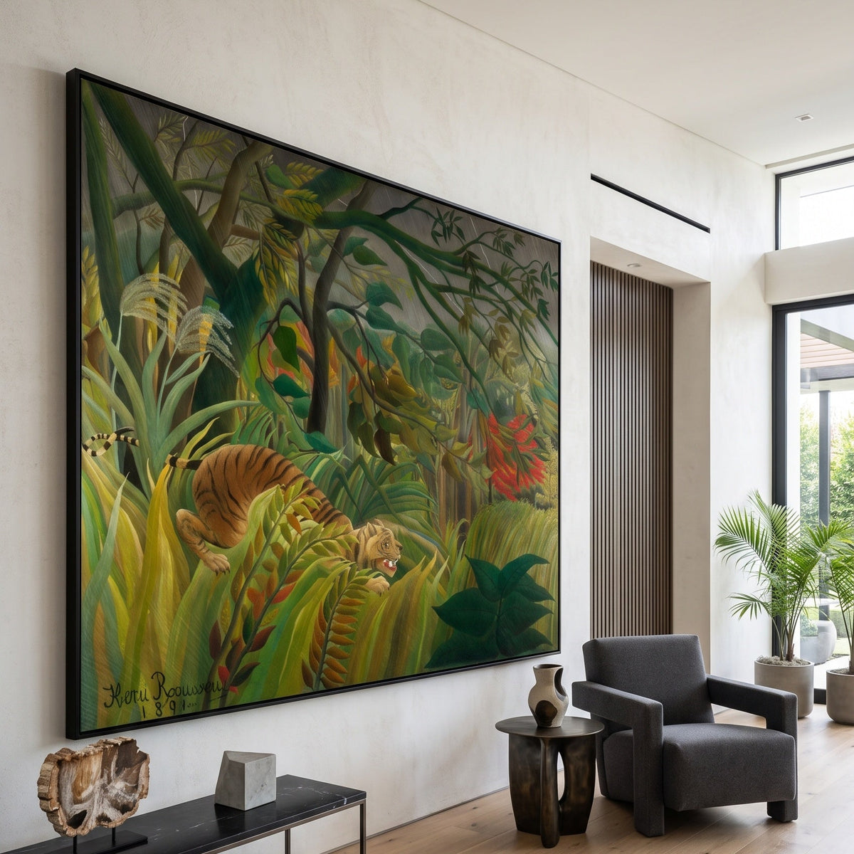 Tiger in a Tropical Storm by Henri Rousseau — large green and olive Jungle canvas art on a hallway wall