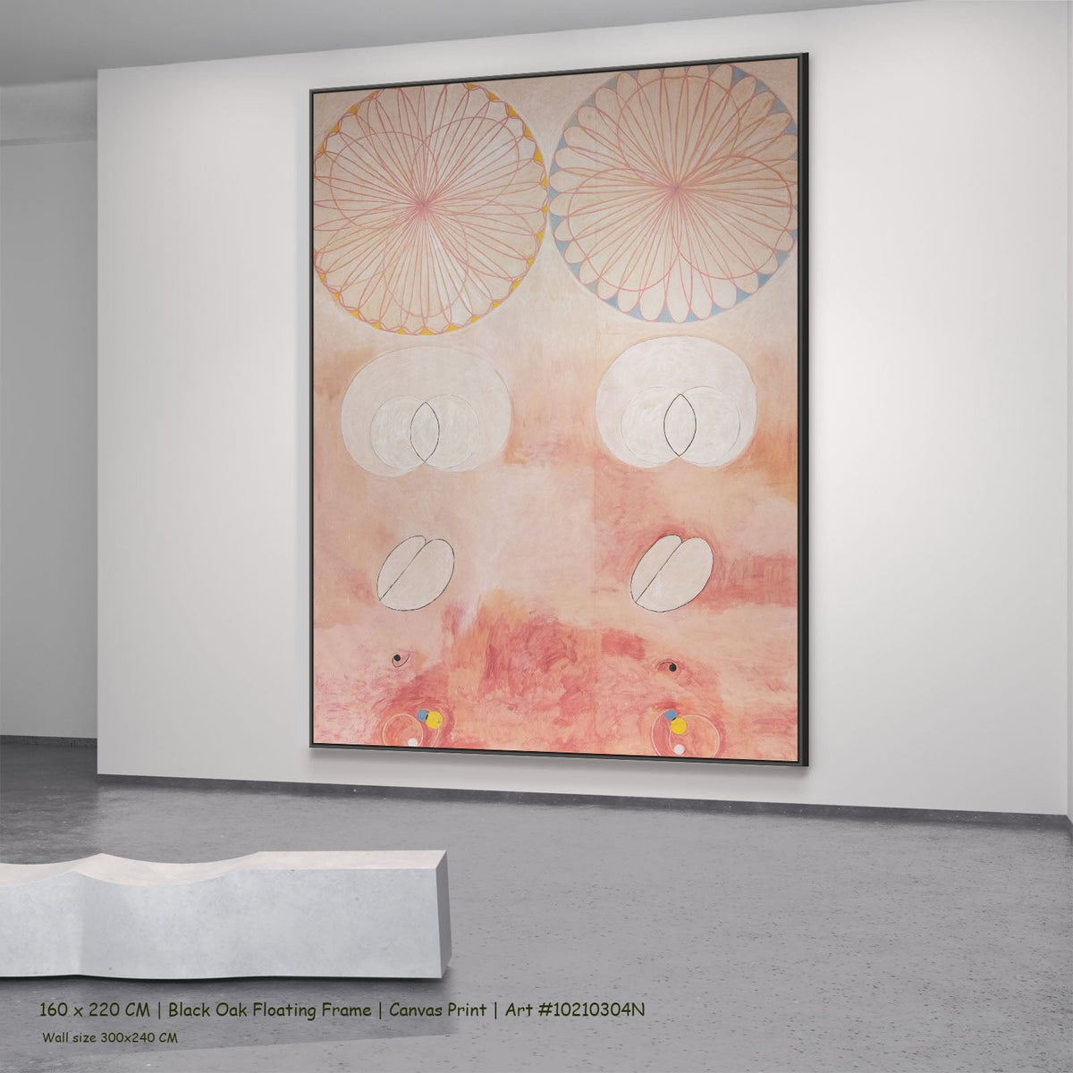 The Ten Largest, No. 9, Old by Hilma af Klint in a black oak floating frame, large pink and white Abstract canvas
