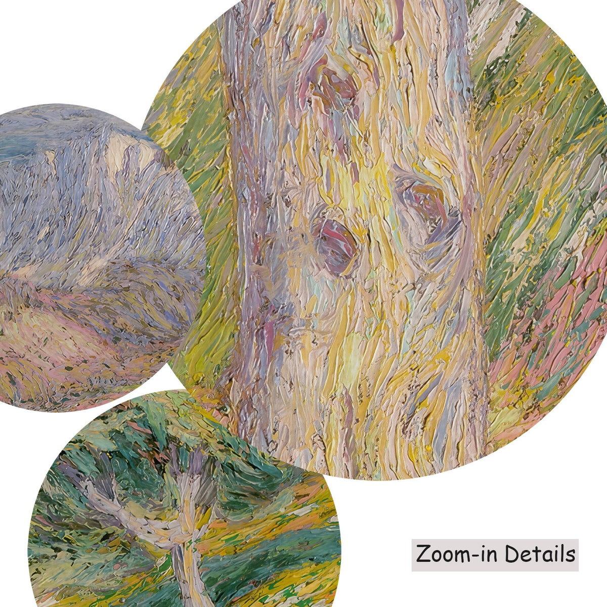 Close-up detail of the brushwork on Larch, a large yellow and pink Impressionist canvas by Ivan Grohar