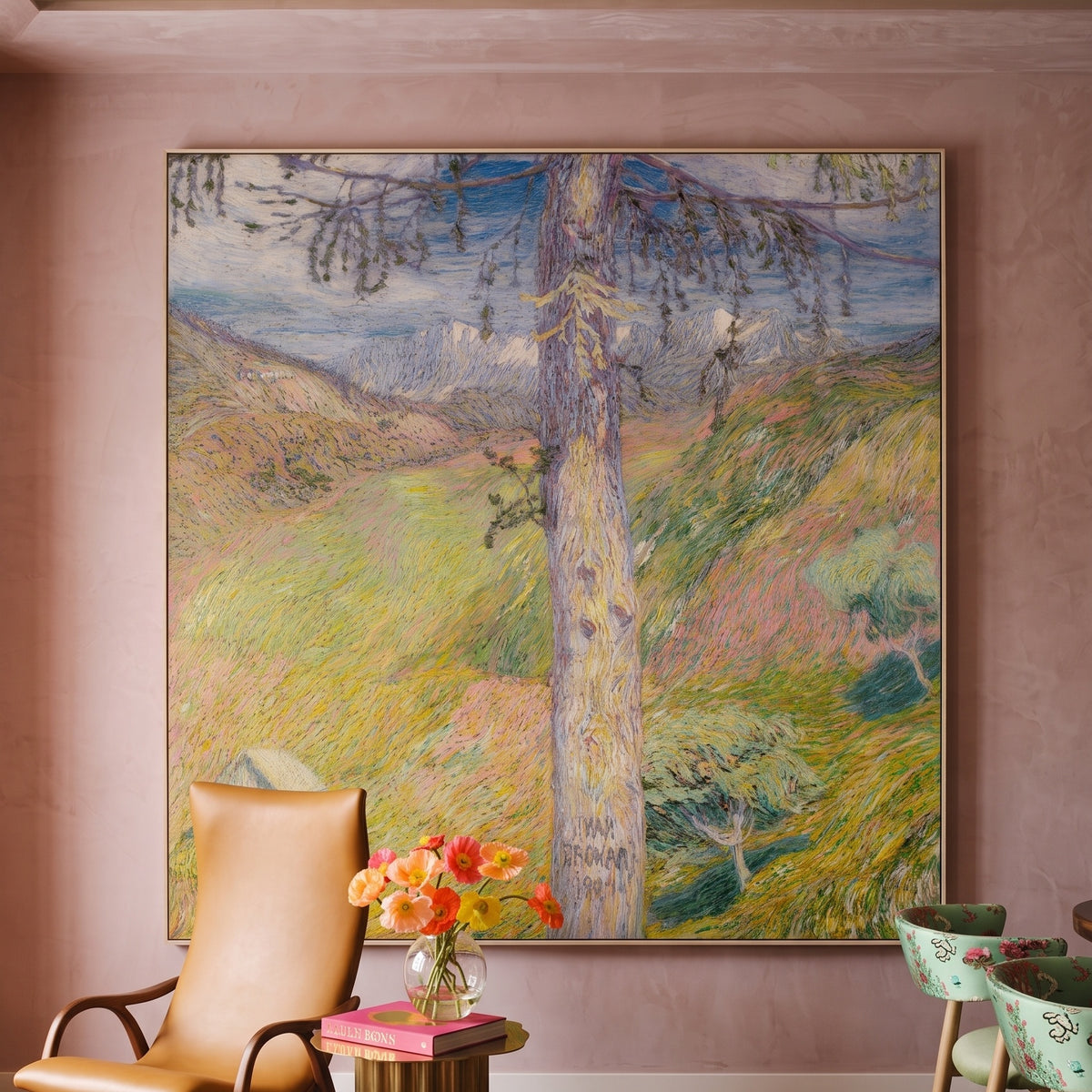 Larch by Ivan Grohar — large yellow and pink Impressionist canvas art on a living room wall