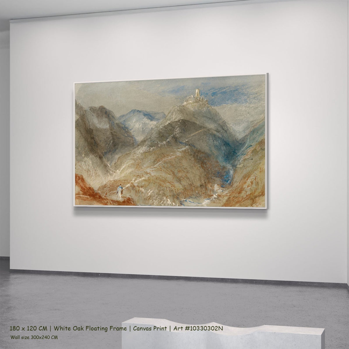 Castle on Height near Geneva by J.M.W. Turner in a white oak floating frame, large brown and grey Landscape canvas