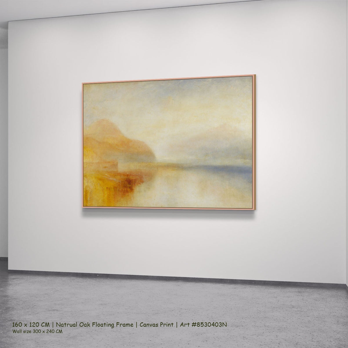 J.M.W. Turner — Inverary Pier, Loch Fyne: Morning Coastal canvas wall art in a natural oak floating frame, 240 × 180 cm