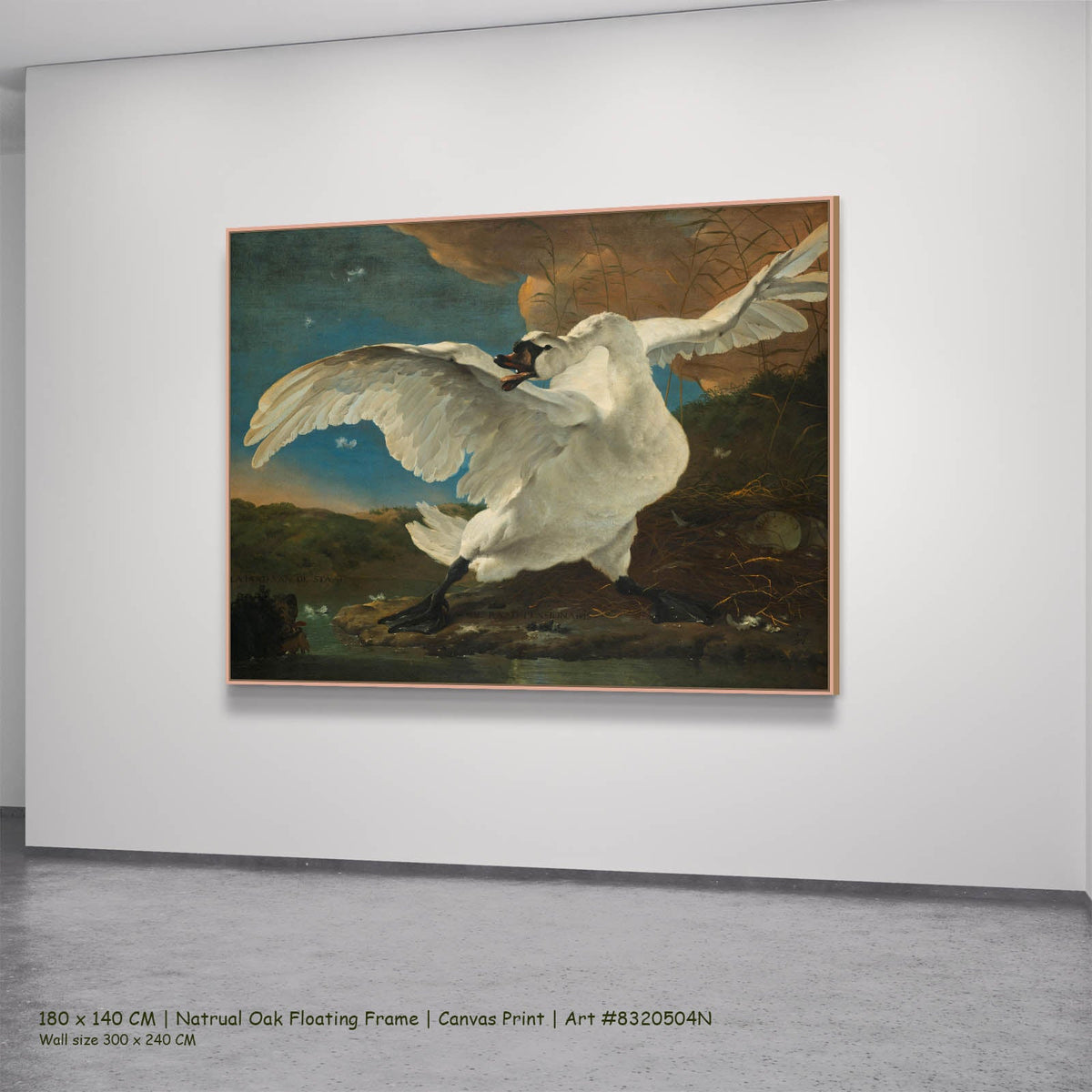Jan Asselijn — The Threatened Swan Wildlife canvas wall art in a natural oak floating frame, 180 × 140 cm