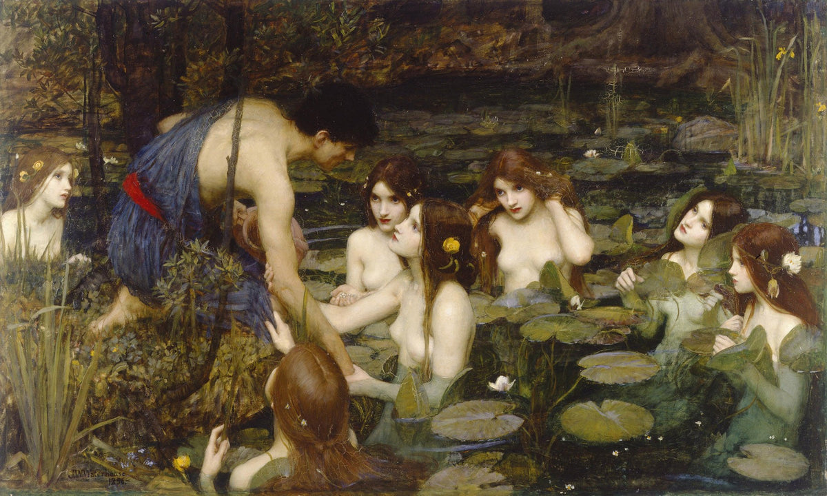 Large green and white Pre-Raphaelite canvas print of Hylas and the Nymphs by John William Waterhouse