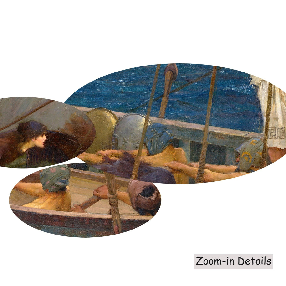 John William Waterhouse — Close-up detail of the brushwork on Ulysses and the Sirens, a large blue and brown…