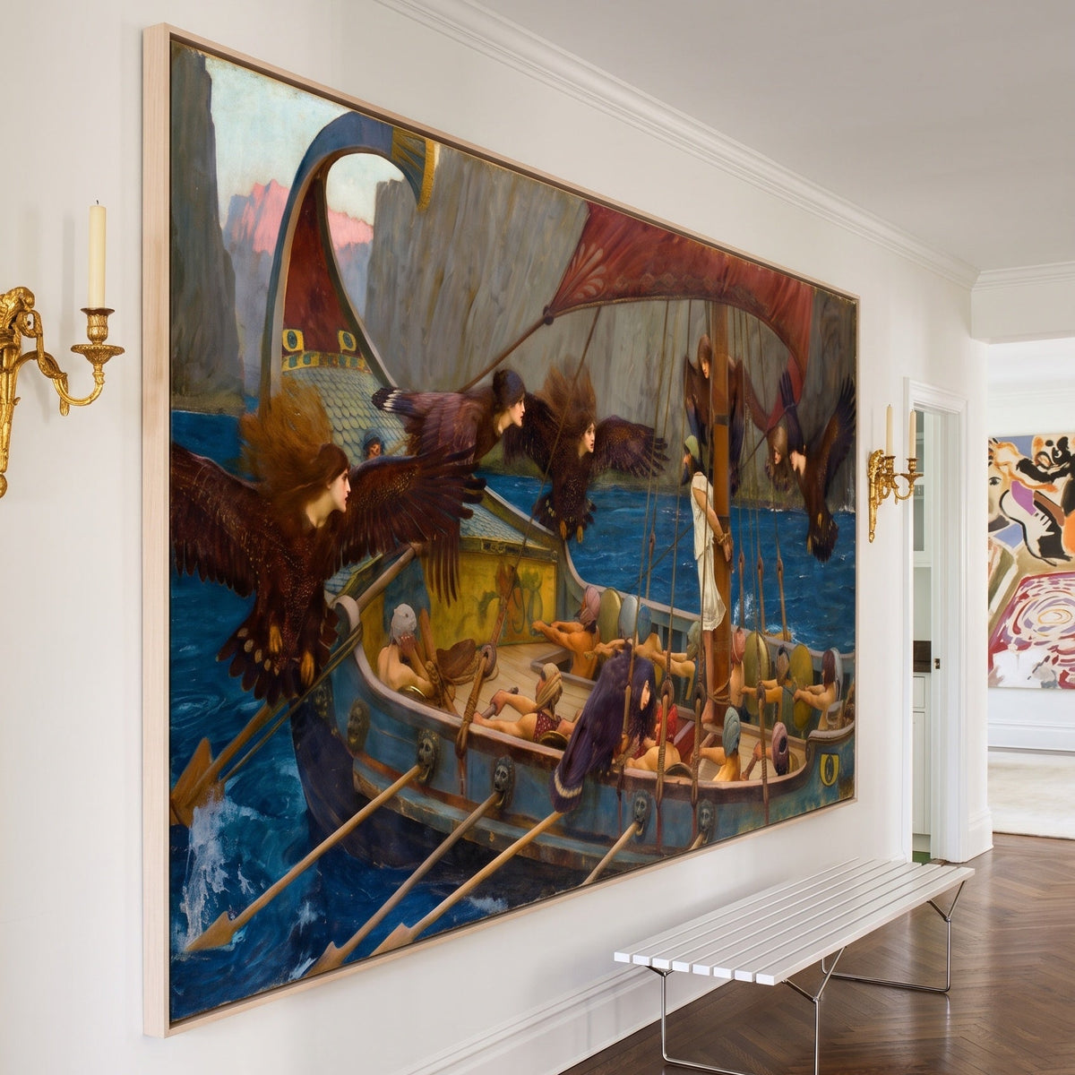 Ulysses and the Sirens by John William Waterhouse — large blue and brown Pre-Raphaelite canvas art on a hallway wall