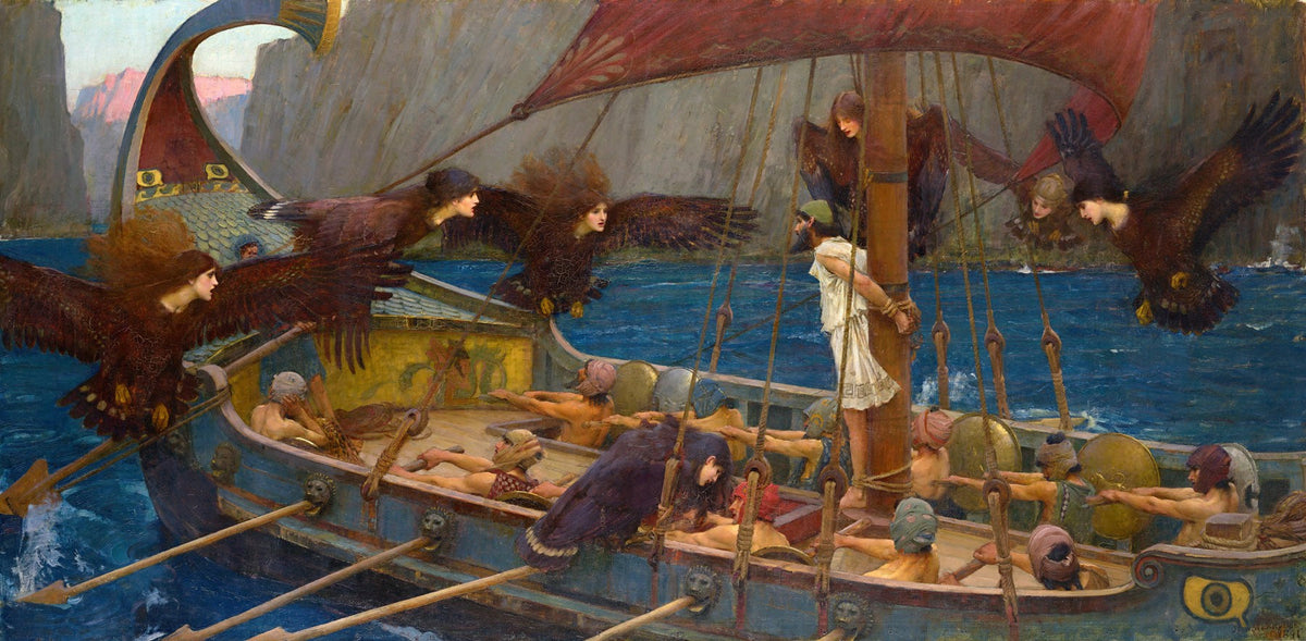 Large blue and brown Pre-Raphaelite canvas print of Ulysses and the Sirens by John William Waterhouse