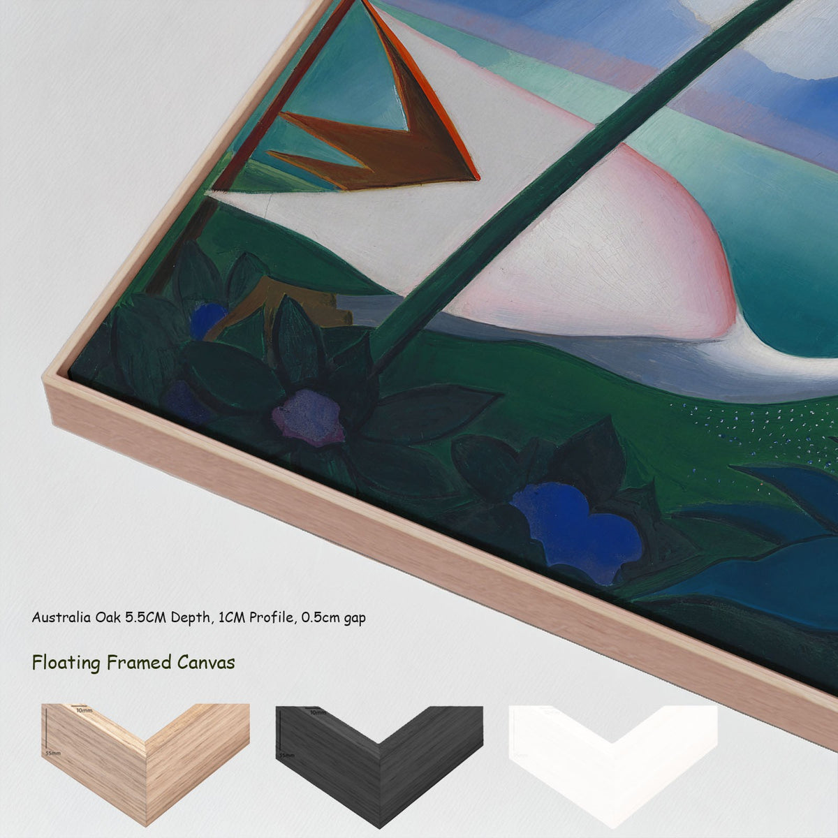Neapolitan Song by Joseph Stella in a floating frame, large green and light blue Modernist canvas print