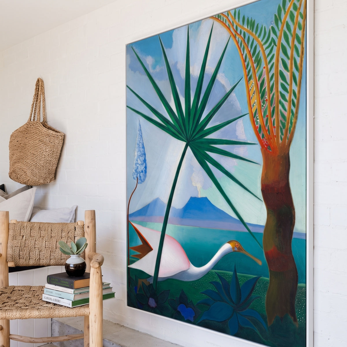 Neapolitan Song by Joseph Stella — large green and light blue Modernist canvas art on a living room wall