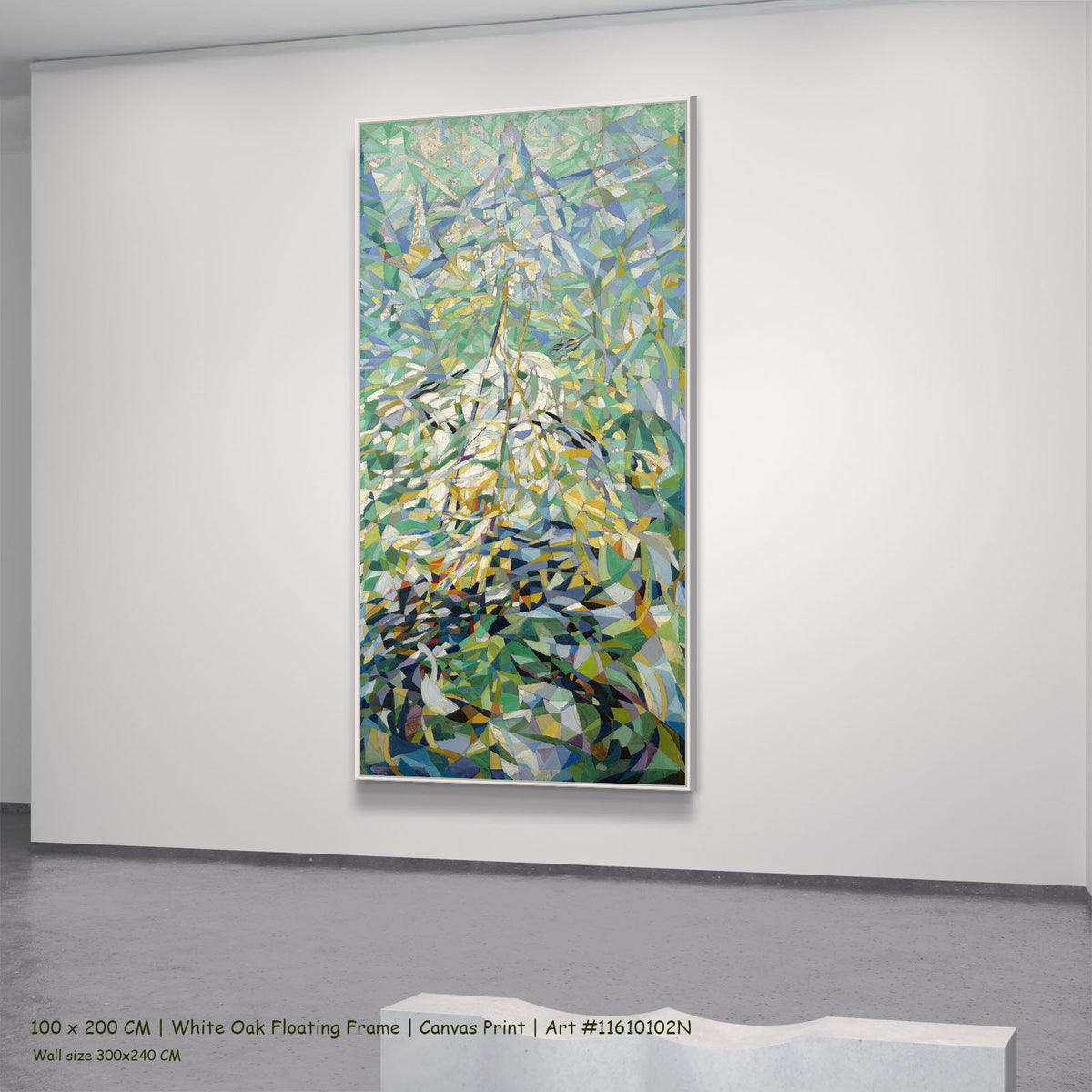 Spring by Joseph Stella in a white oak floating frame, large green and blue Futurist canvas