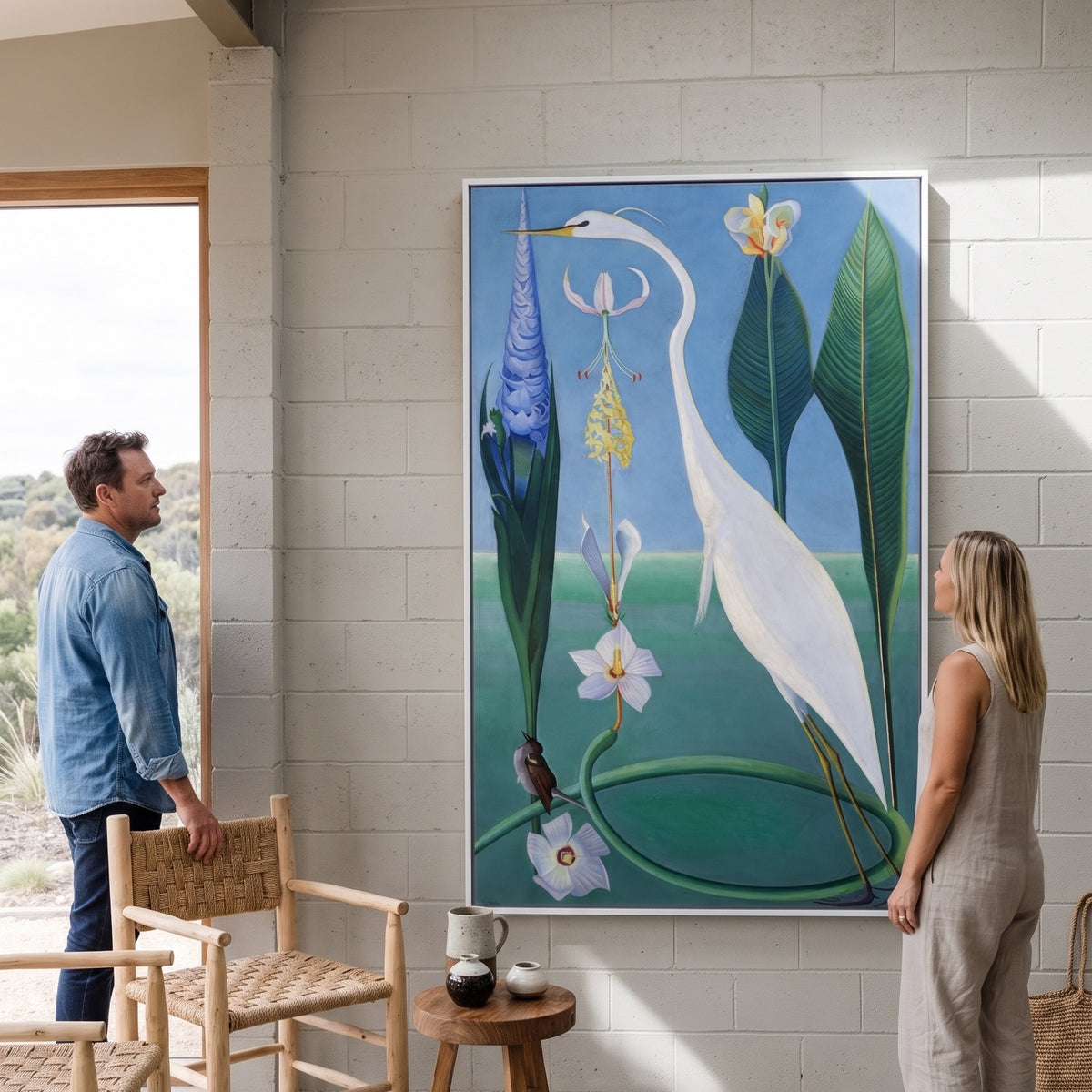 The White Heron by Joseph Stella — large green and light blue Botanical canvas art on a living room wall