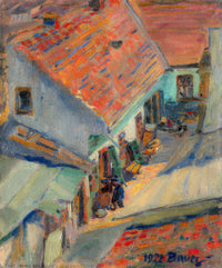Large orange and grey Expressionist canvas print of In front of the House by Konštantín Bauer