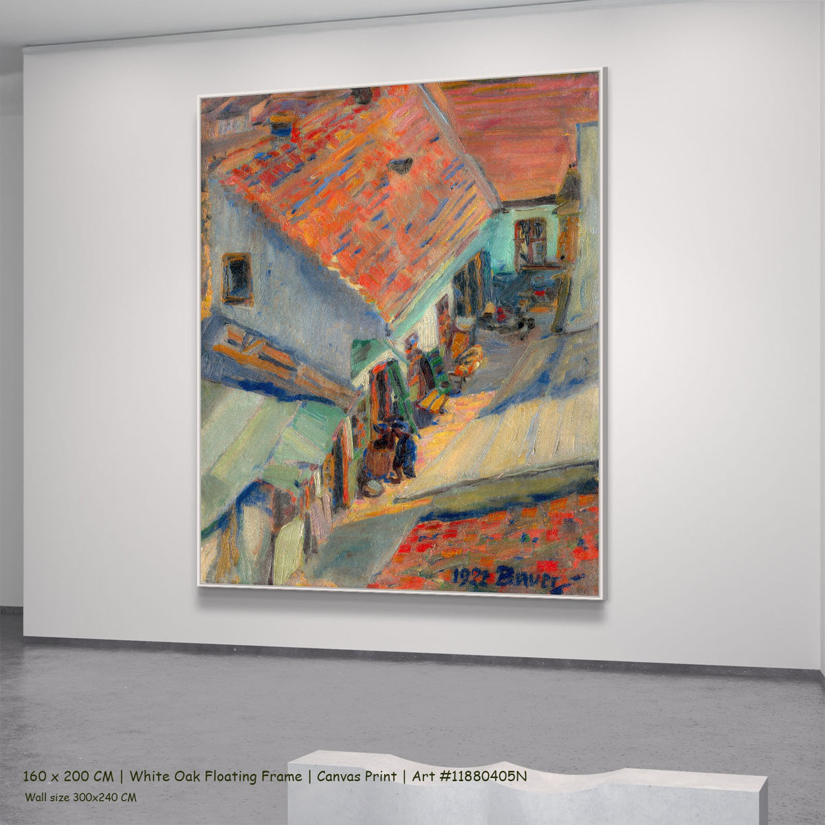 In front of the House by Konštantín Bauer in a white oak floating frame, large orange and grey Expressionist canvas