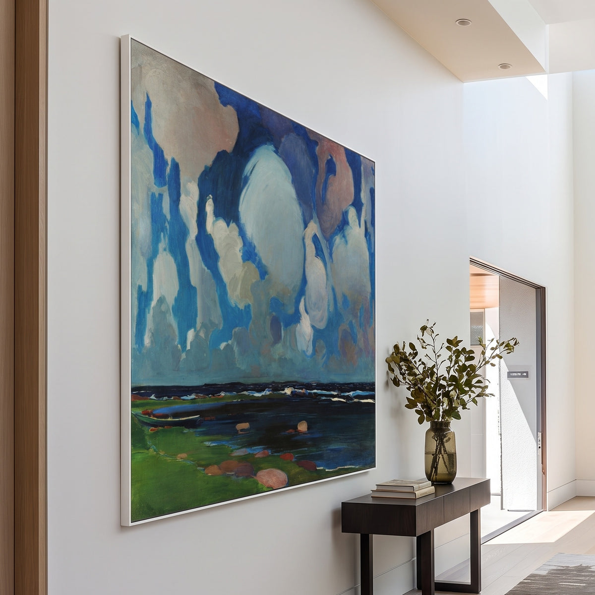 Clouds in Finland by Konrad Krzyżanowski — large blue and white Expressionist canvas art on a entryway wall