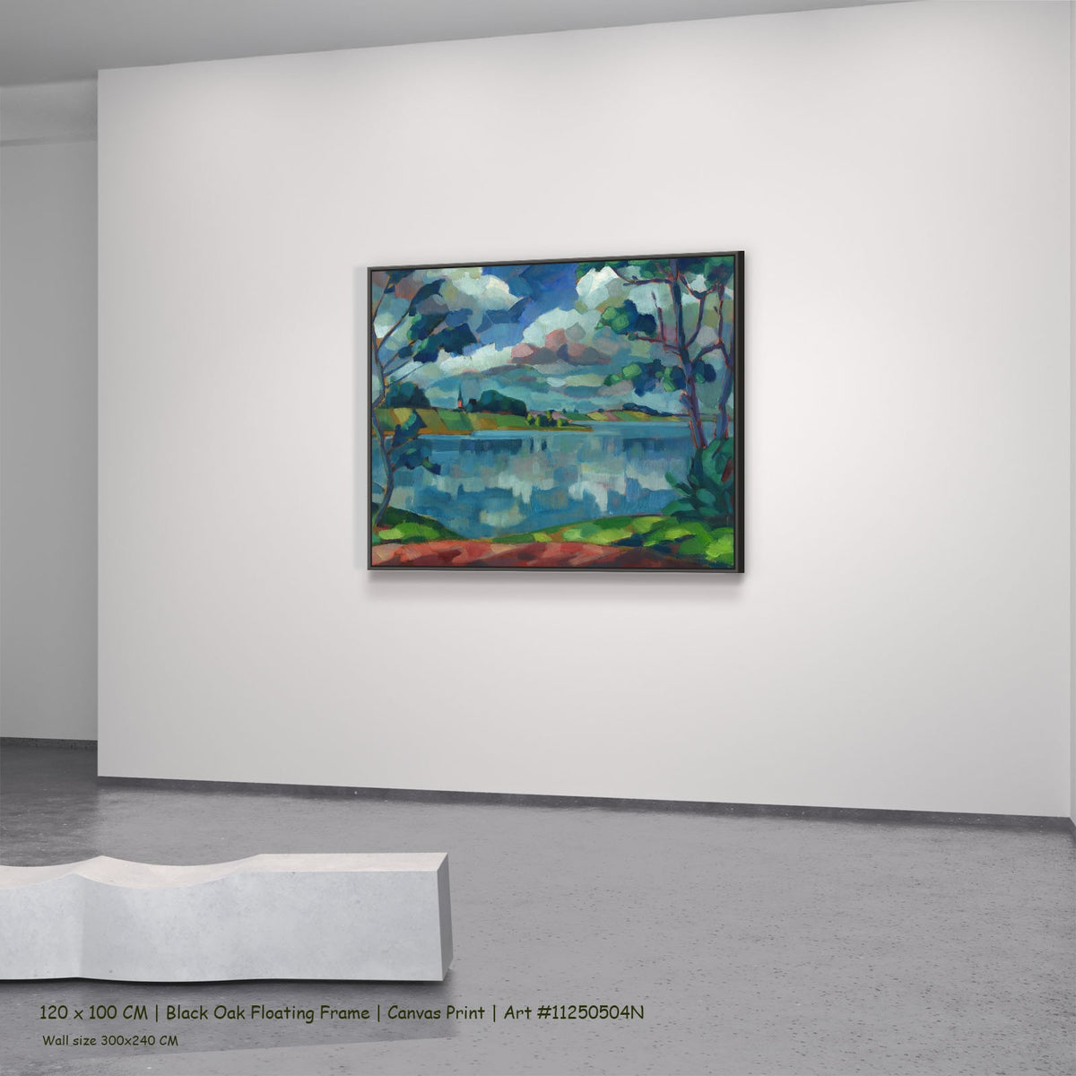 Lake Saadjärv. Äksi Church by Konrad Mägi in a black oak floating frame, large blue and green Landscape canvas