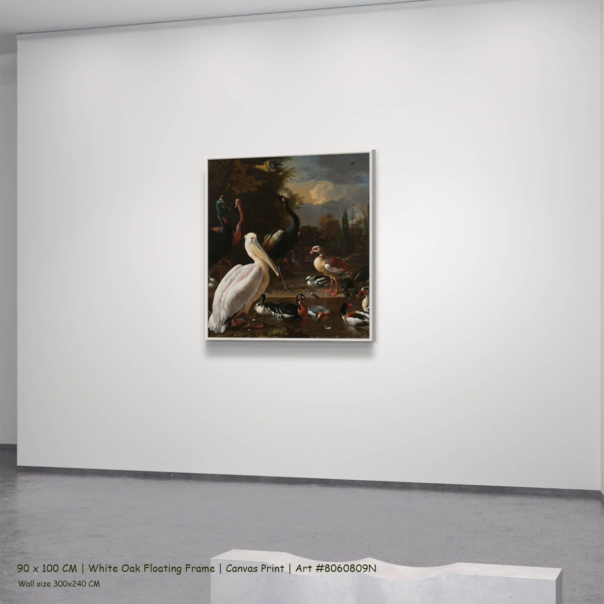 Melchior d'Hondecoeter — A Pelican & Other Birds (The Floating Feather) Wildlife canvas wall art in a white oak floating…