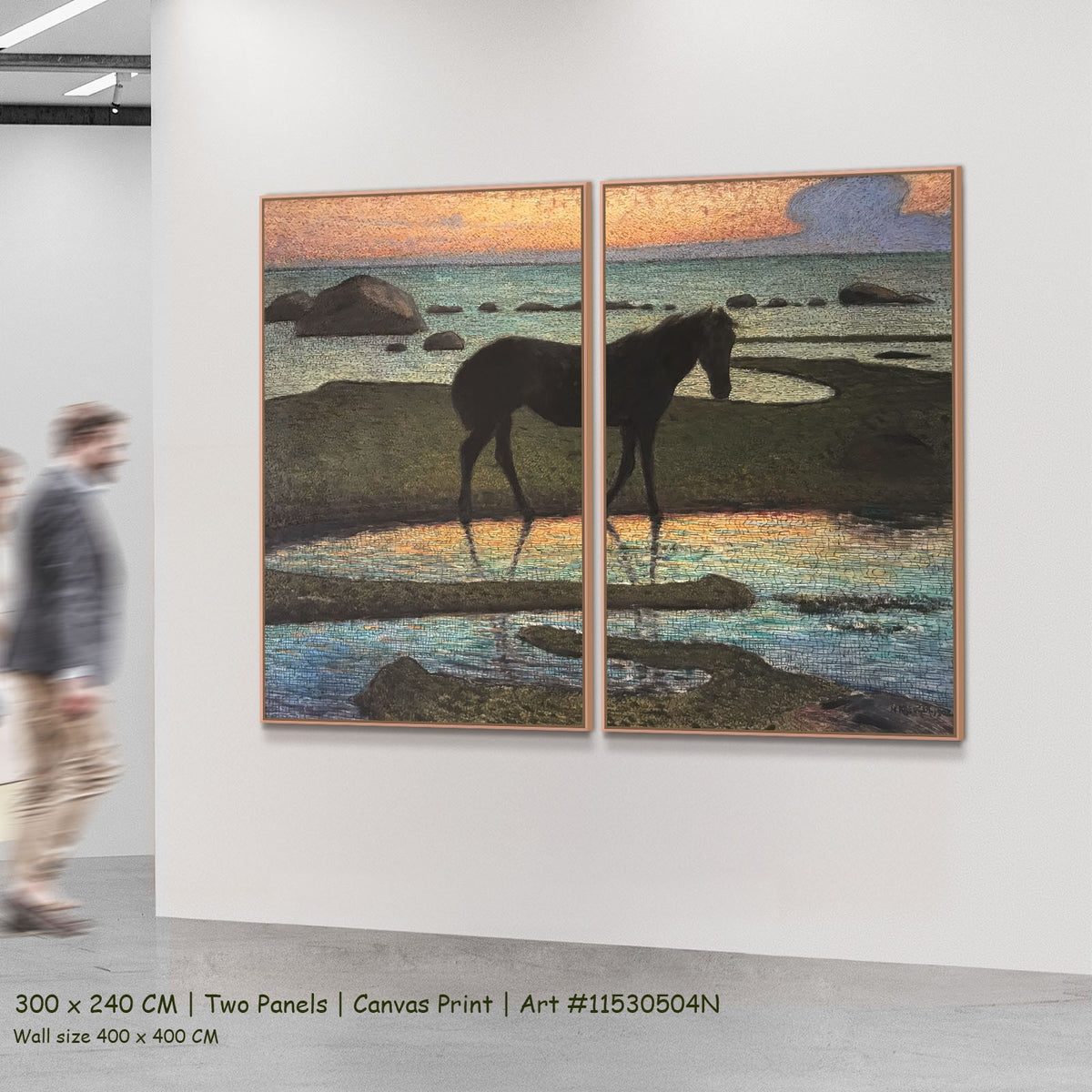 Horse on the beach by Nils Kreuger as a large two-panel orange and aqua Symbolist canvas set