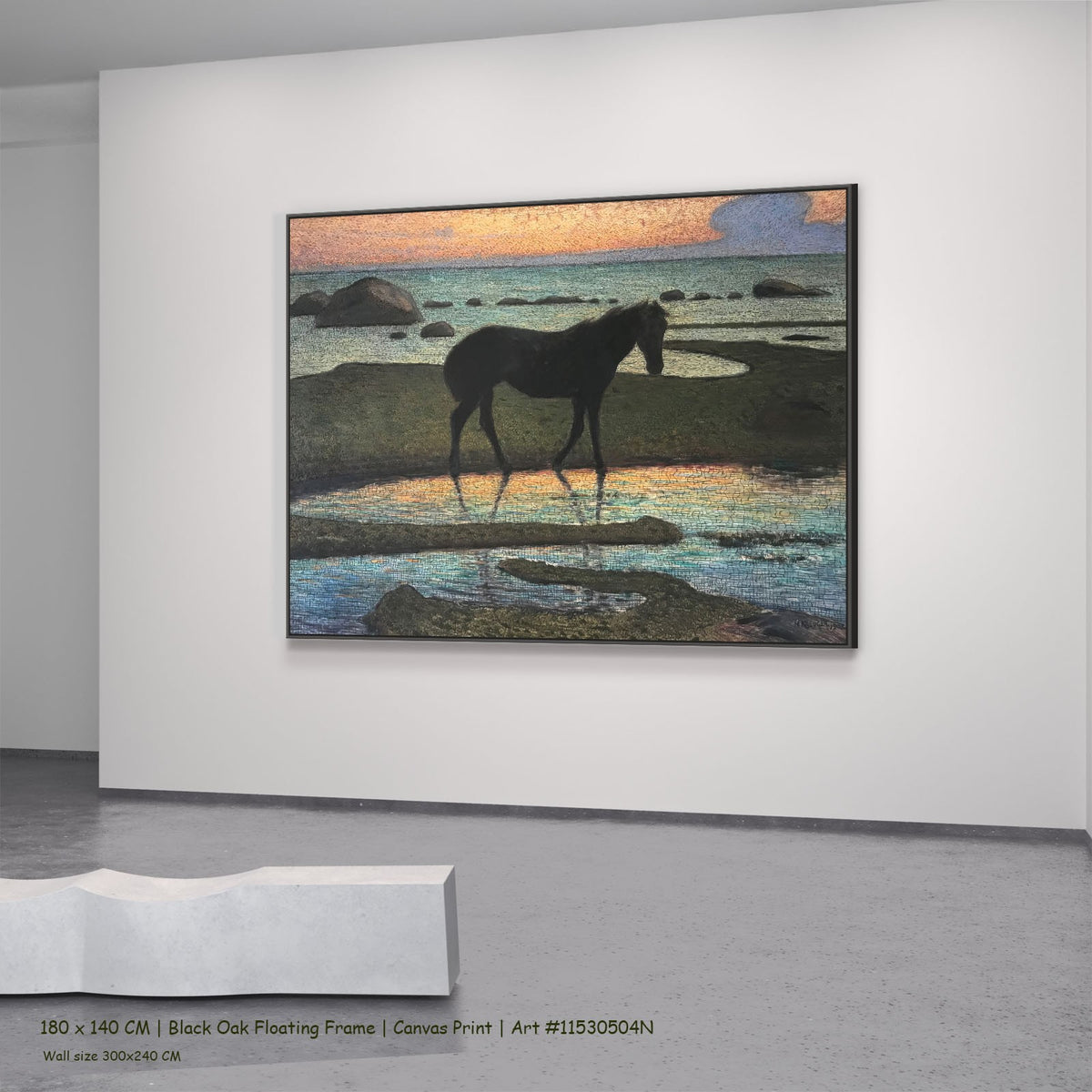 Horse on the beach by Nils Kreuger in a black oak floating frame, large orange and aqua Symbolist canvas