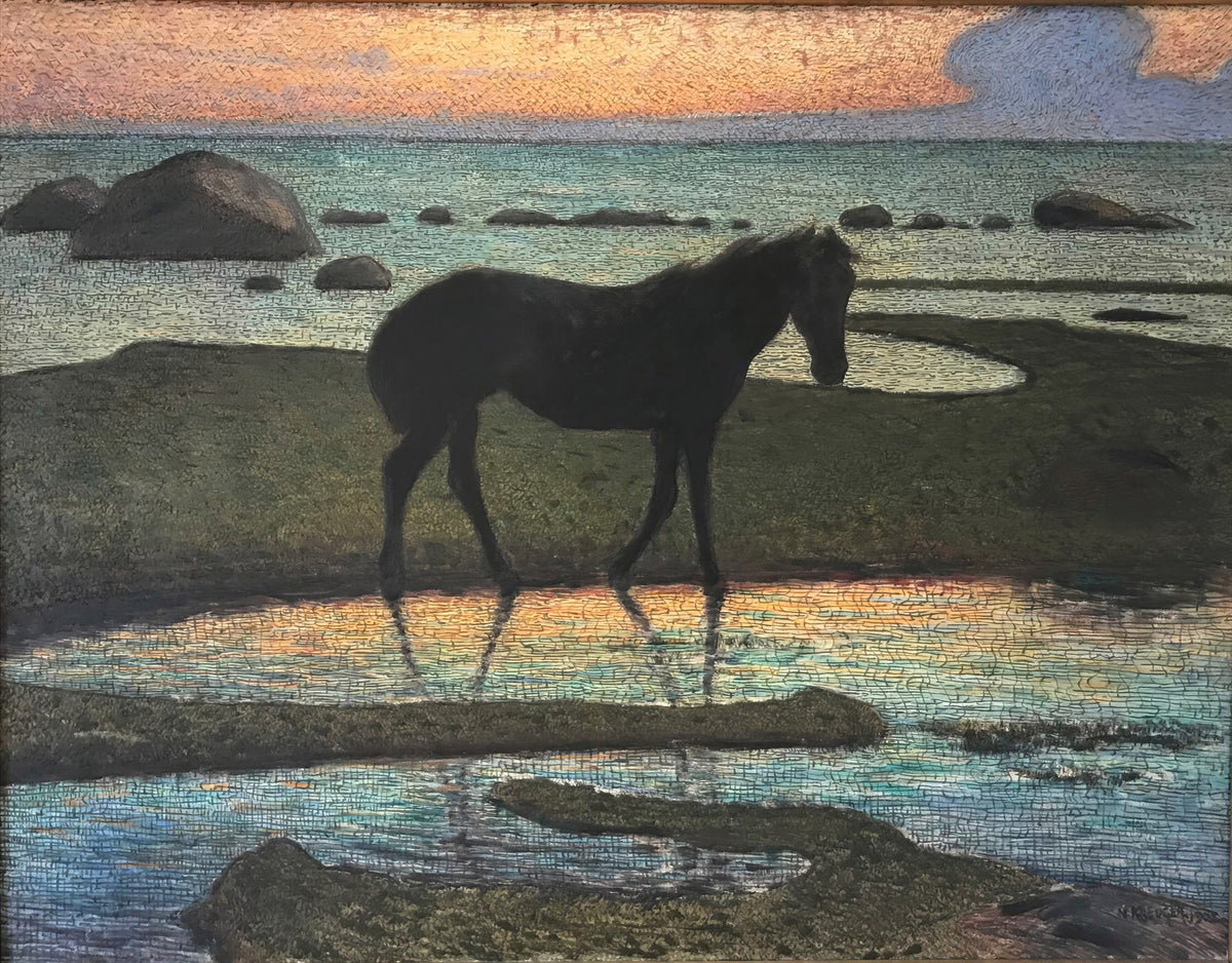 Large orange and aqua Symbolist canvas print of Horse on the beach by Nils Kreuger