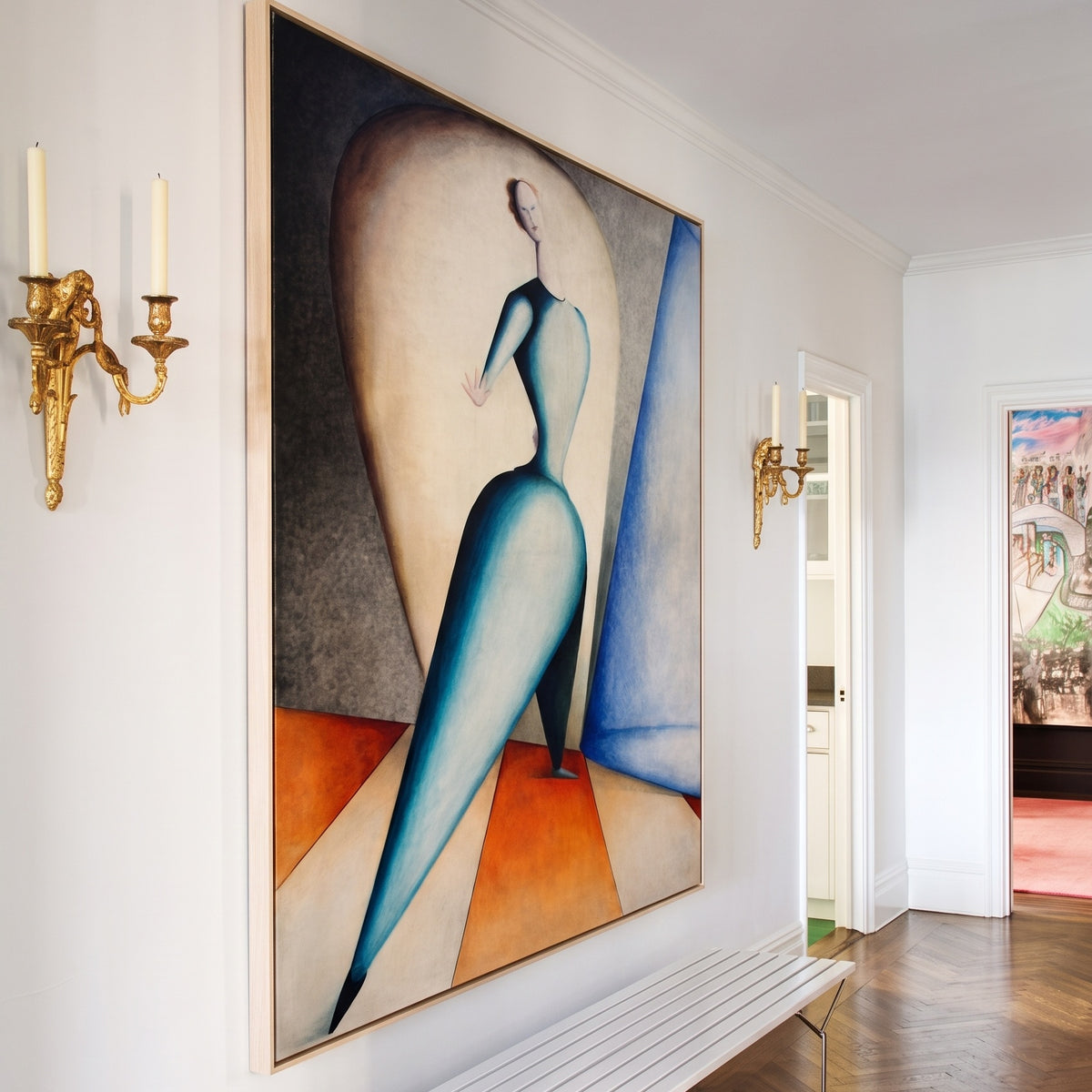 Danceress by Oskar Schlemmer — large light blue and orange Modern Abstract canvas art on a hallway wall