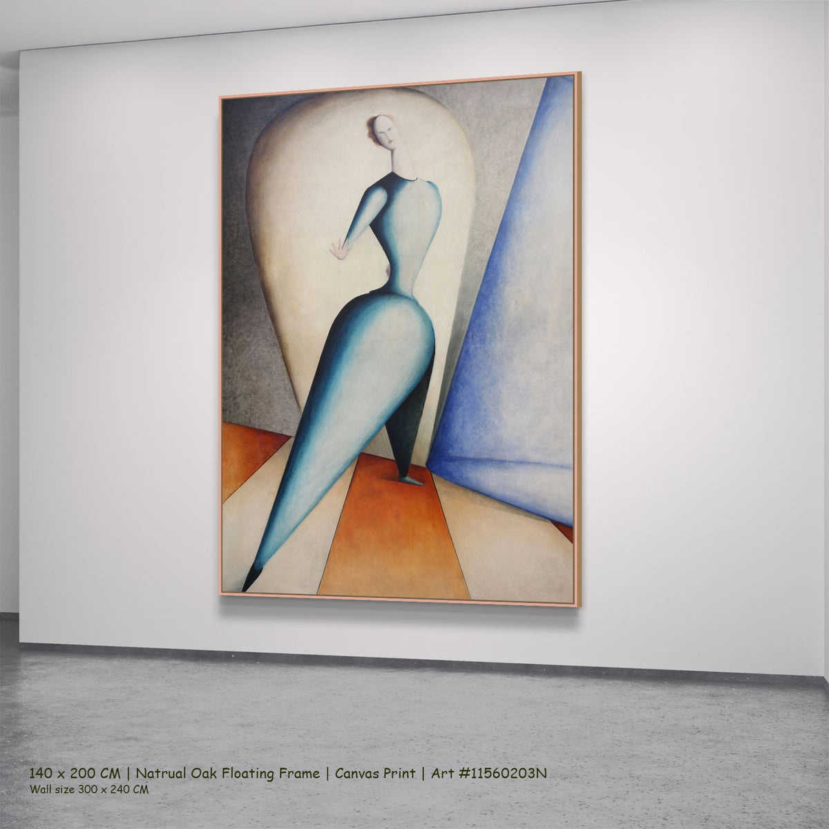 Danceress by Oskar Schlemmer in a natural oak floating frame, large light blue and orange Modern Abstract canvas