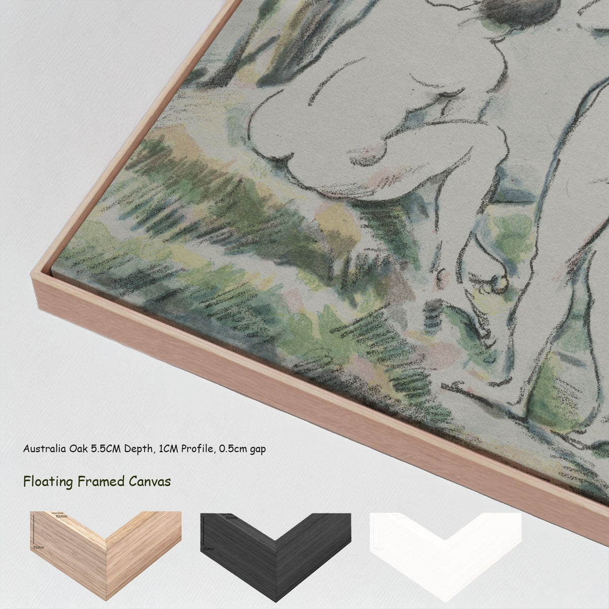 The Bathers by Paul Cezanne in a floating frame, large green and white Impressionist canvas print