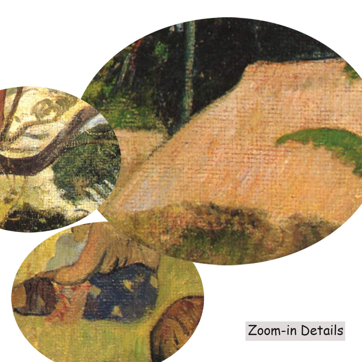 Close-up detail of the brushwork on Te raau rahi, a large yellow and green Symbolist canvas by Paul Gauguin