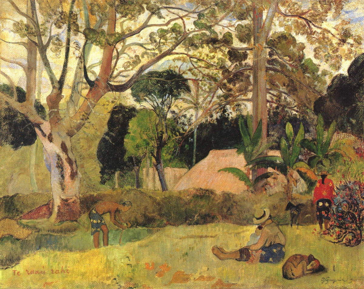 Large yellow and green Symbolist canvas print of Te raau rahi by Paul Gauguin