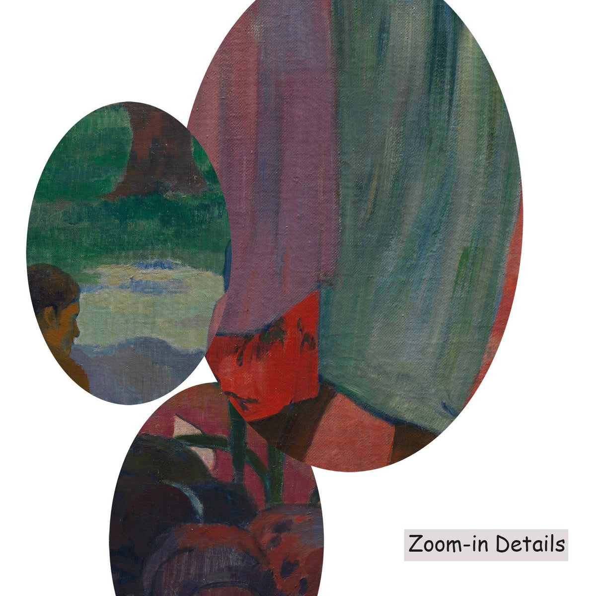 Close-up detail of the brushwork on The Call, a large pink and green Symbolist canvas by Paul Gauguin