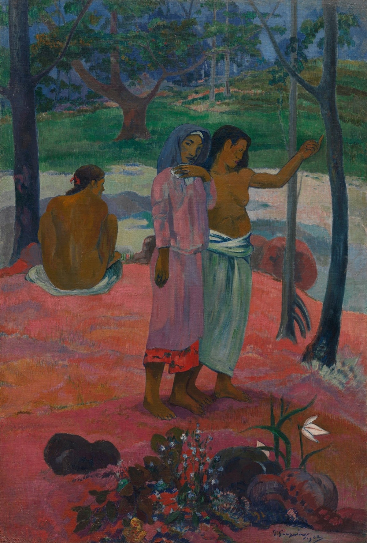 Large pink and green Symbolist canvas print of The Call by Paul Gauguin