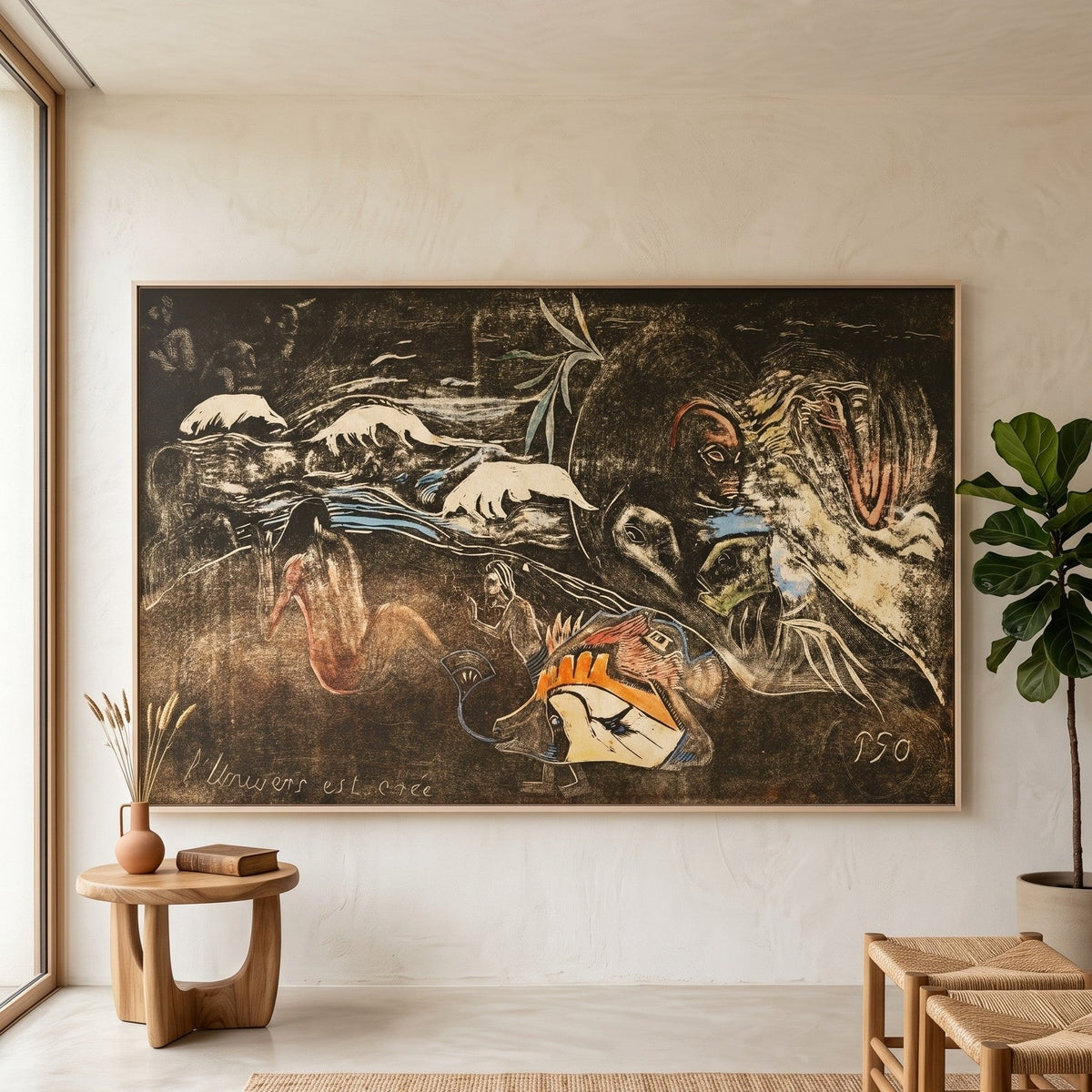 L’univers est créé, from the Noa by Paul Gauguin — large brown and black Symbolist canvas art on a living room wall