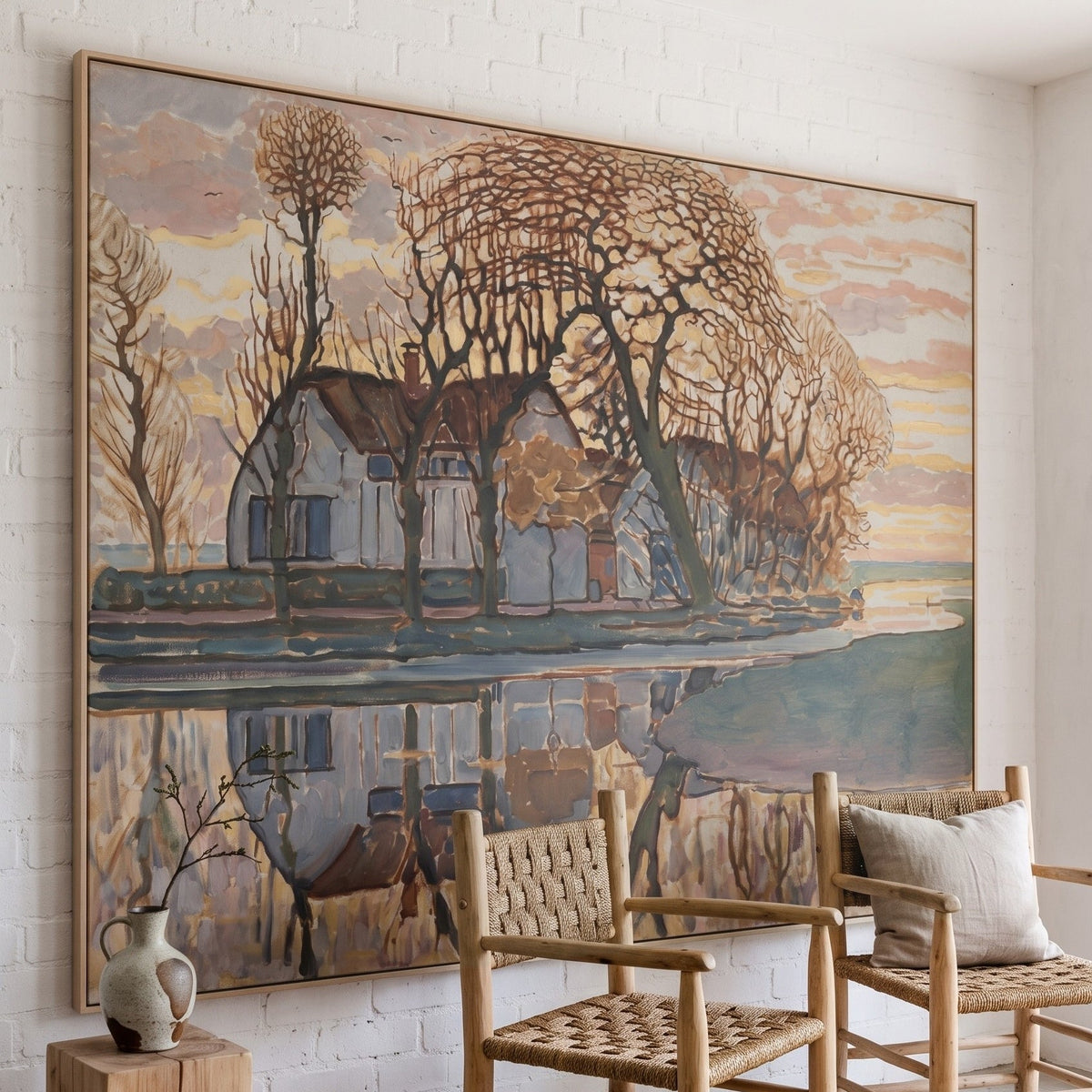 Farm near Duivendrecht by Piet Mondrian — large pink and brown Abstract canvas art on a living room wall