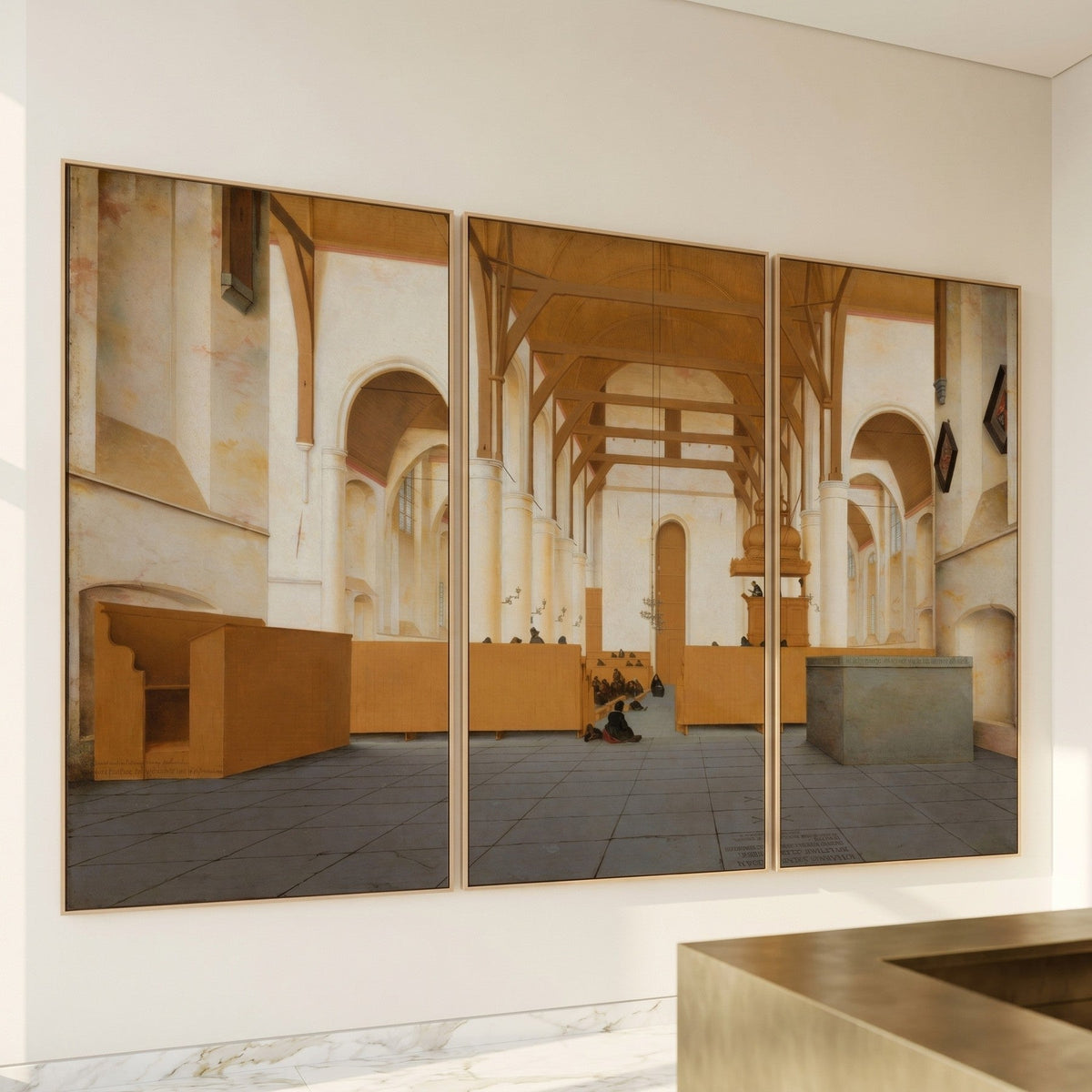 Pieter Jansz Saenredam — Interior of the Sint Odulphuskerk, Assendelft Architecture three-panel canvas wall art set