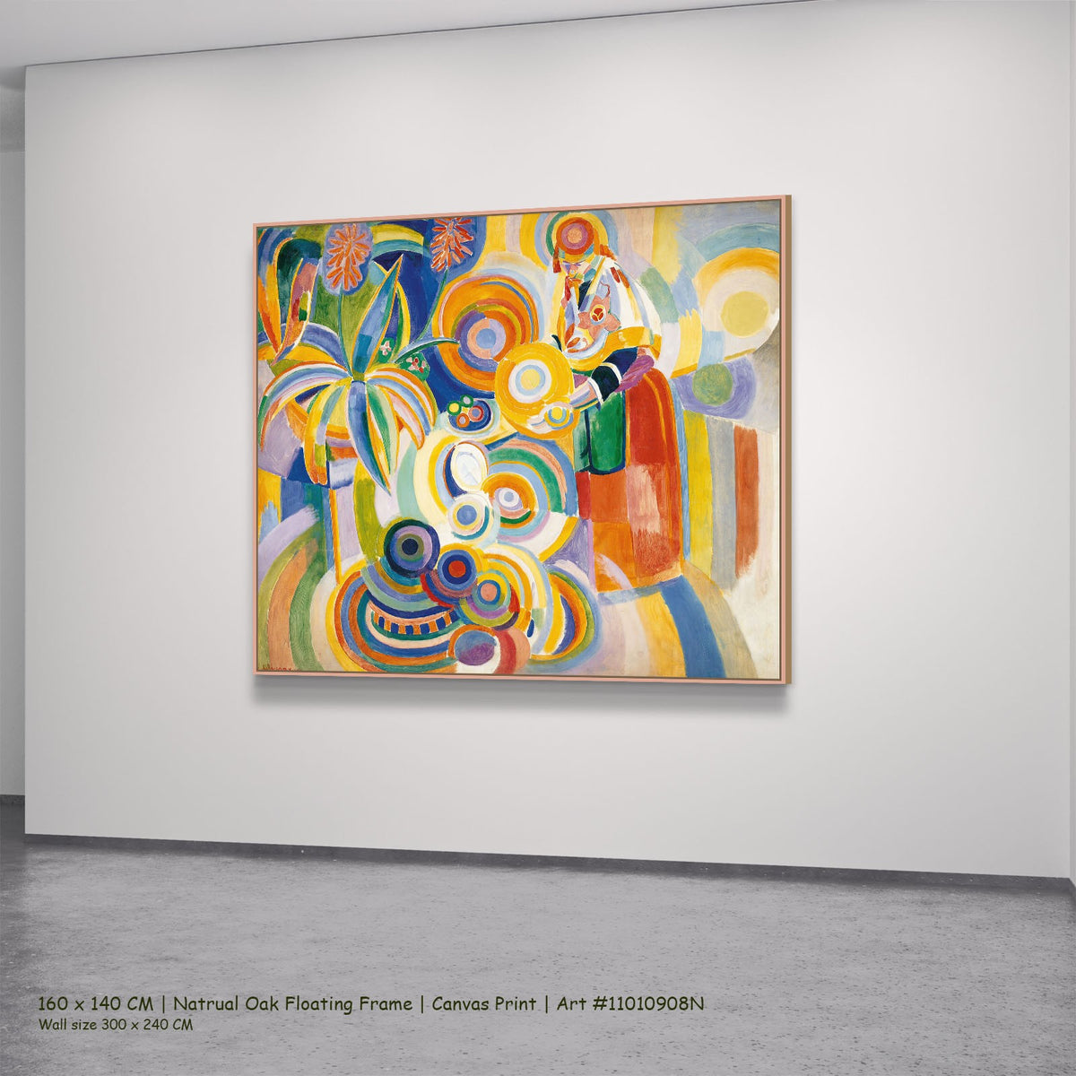 Portuguese Woman by Robert Delaunay in a natural oak floating frame, large yellow and blue Cubist canvas