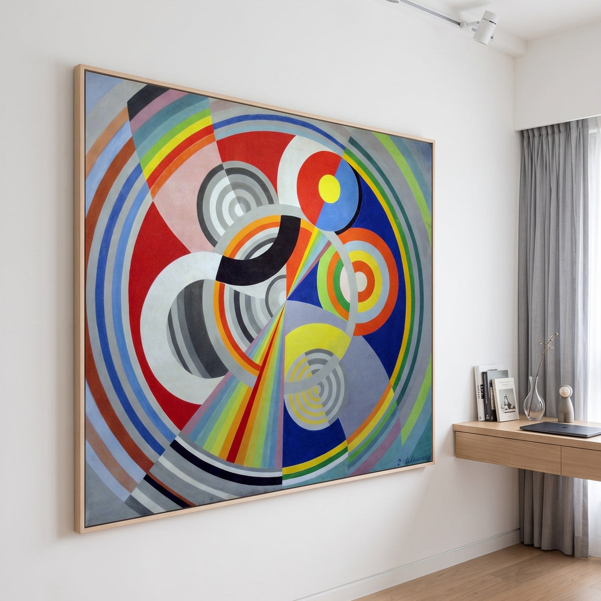 Rythme n°1, décoration pour le Salon by Robert Delaunay — large red and blue Colourful Abstract canvas art on a hallway wall