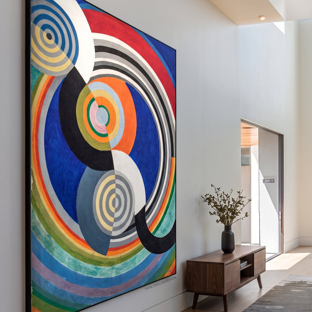 Rythme n°2, décoration pour le salon by Robert Delaunay — large blue and orange Abstract canvas art on a entryway wall