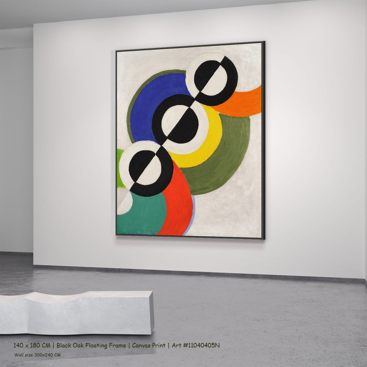 Rythme by Robert Delaunay in a black oak floating frame, large olive and black Geometric Abstract canvas