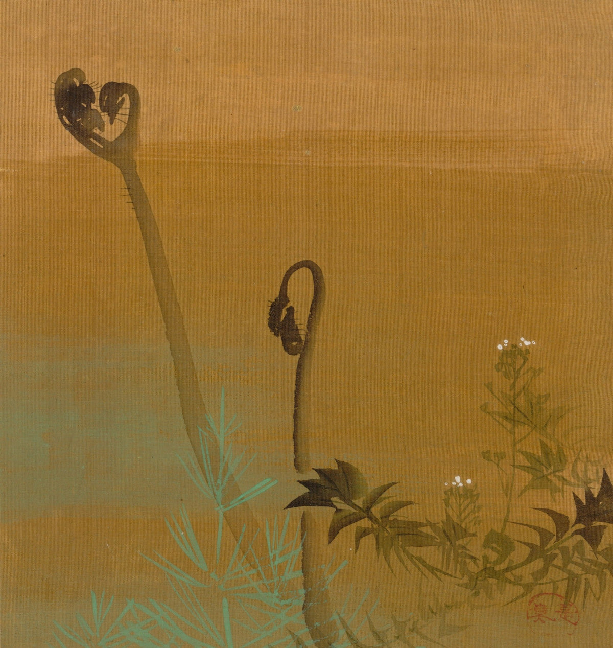 Large gold and green Botanical canvas print of New Ferns from Album of Paintings by Shibata Zeshin